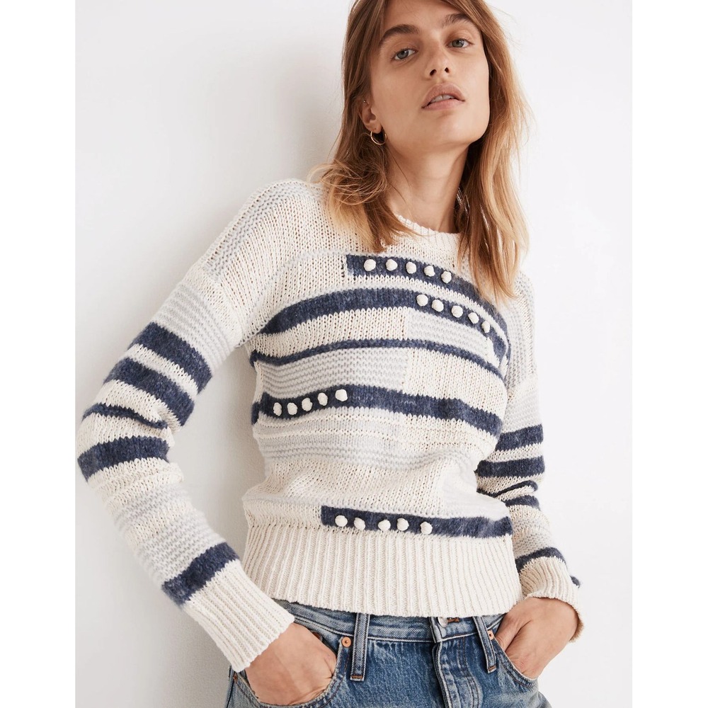 Madewell Bobble Pullover Sweater Navy Blue Cream Striped Mixed Knit Crewneck S
